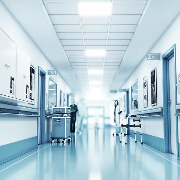 Brightly lit hospital corridor
