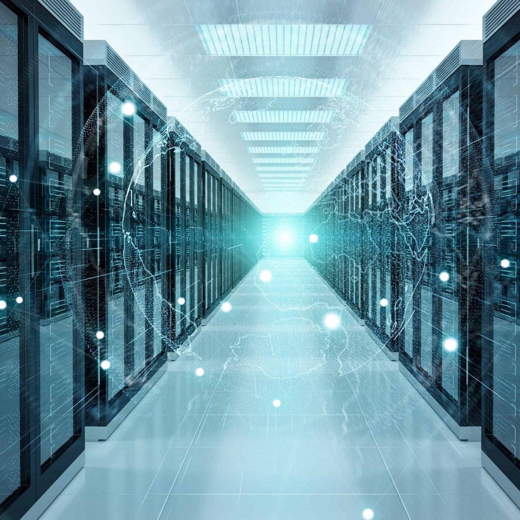 Brightly lit data centre corridor with full height data storage either side