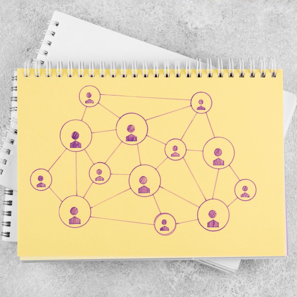 Circles with people icons, connected with lines